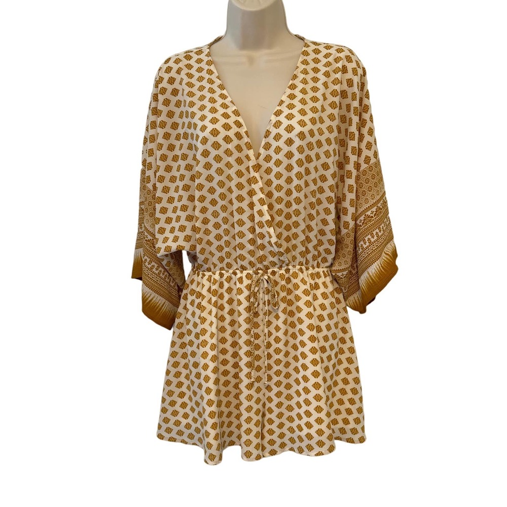 Sage The Label Gold and Cream Wrap Deep V Romper Medium Pre-owned